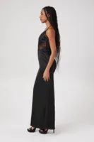 Women's Lace-Trim Satin Maxi Dress in Black Large