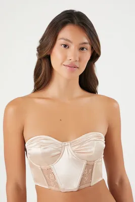 Women's Satin Strapless Mesh Corset Bra in Champagne Small