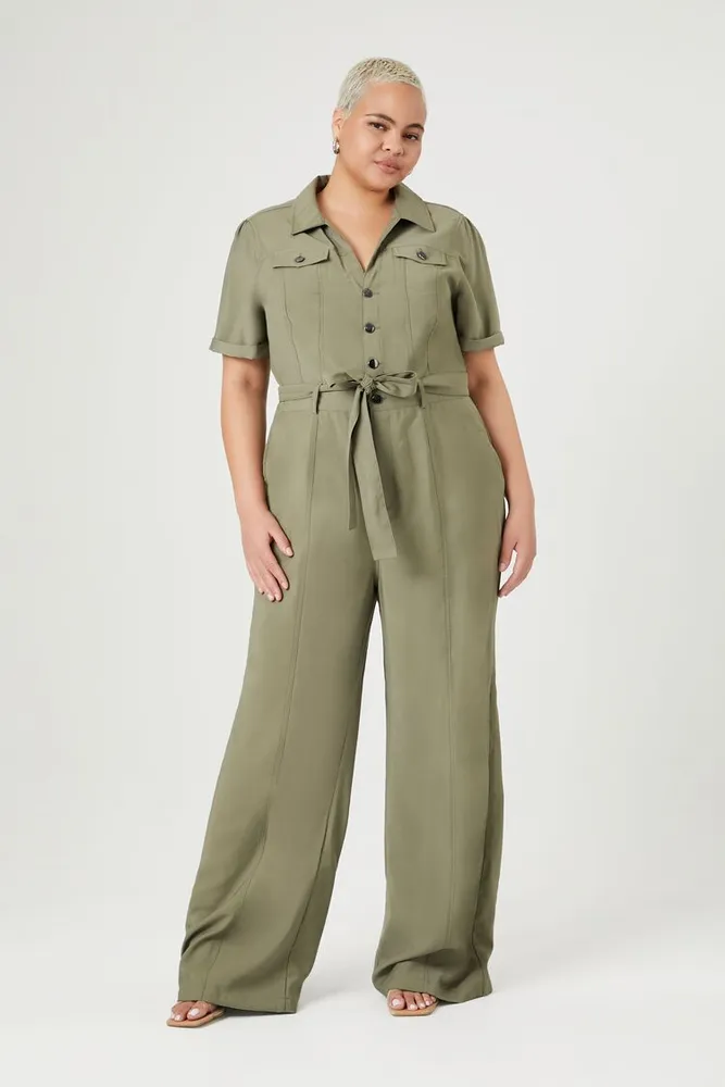 Women's Tie-Front Jumpsuit in Olive, 3X