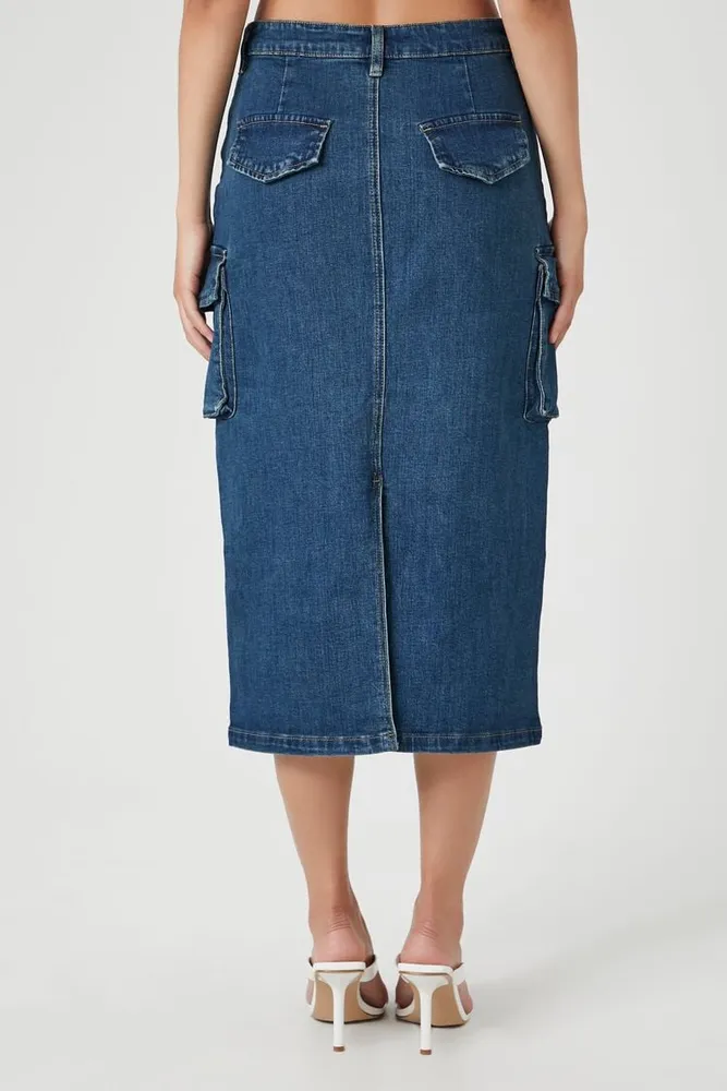 Women's Denim Cargo Midi Skirt in Medium Denim Small