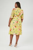 Women's Floral Print Plunging Midi Dress in Yellow, 1X