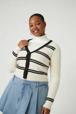 Women's Striped Cardigan Sweater in Cream/Black, 1X