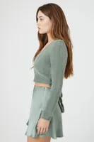 Women's Cropped Sweater-Knit Wrap Top in Green Haze Small