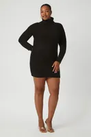 Women's Turtleneck Mini Sweater Dress in Black, 3X