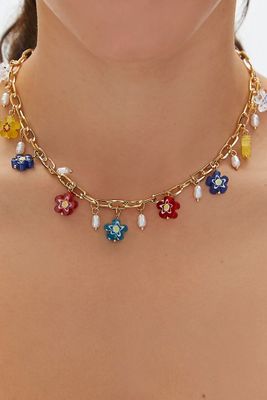 Women's Floral & Faux Pearl Chain Necklace in Gold