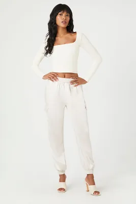 Women's Satin High-Rise Joggers in White Large