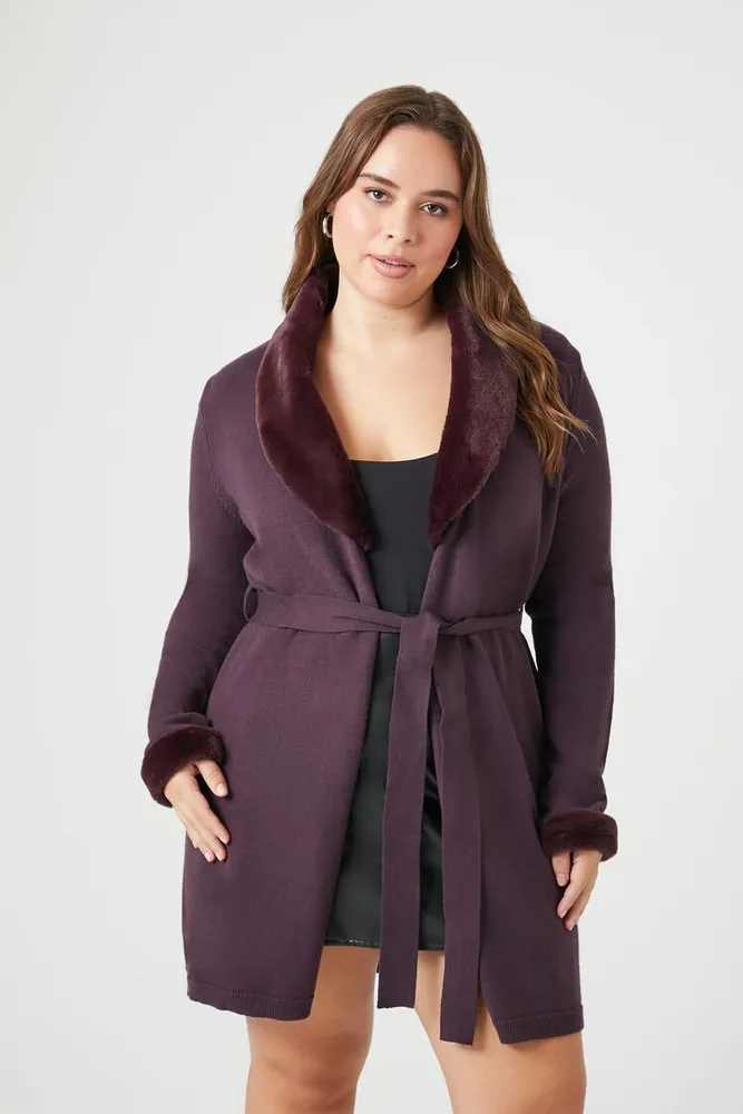 Women's Faux Fur-Trim Cardigan Sweater Eggplant,