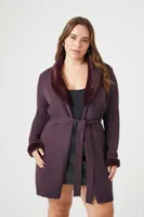 Women's Faux Fur-Trim Cardigan Sweater Eggplant,