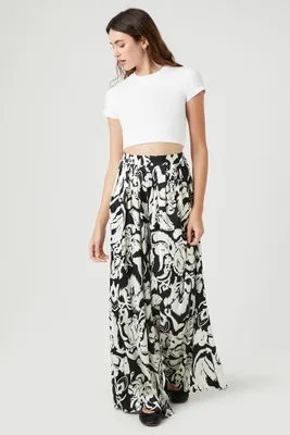 Women's Satin Ornate Print Wide-Leg Pants in Black Small