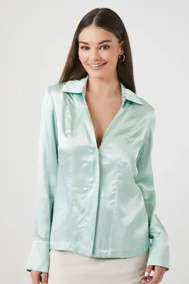 Women's Satin Trumpet-Sleeve Shirt in Pale Green Small