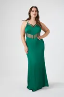 Women's Lace-Trim Satin Maxi Dress in Hunter Green, 1X