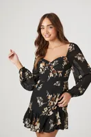 Women's Chiffon Floral Print Mini Dress in Black Small