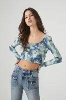 Women's Tie-Dye Floral Print Crop Top in Blue, XS