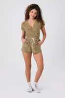 Women's French Terry Surplice Romper in Olive Small