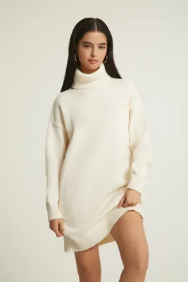 Women's Turtleneck Mini Sweater Dress in Vanilla, XL