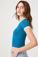 Women's Seamless Ringer Cropped T-Shirt in Bijou Blue/White Small