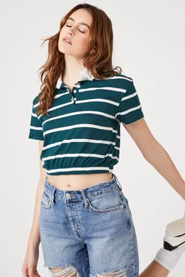 Women's Striped Cropped Polo Shirt in Teal Large