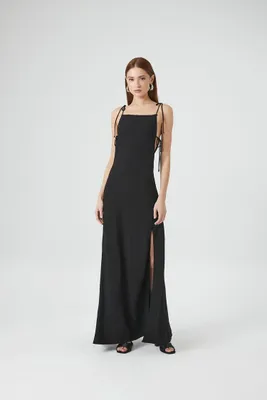 Women's Satin Tie-Strap Maxi Dress in Black Small