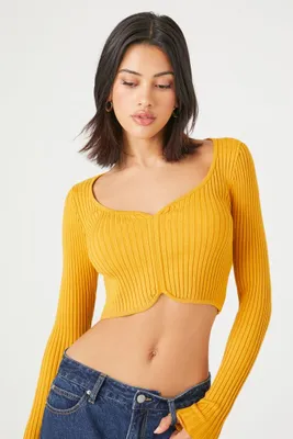 Women's Ribbed Sweater-Knit Crop Top in Mustard Large