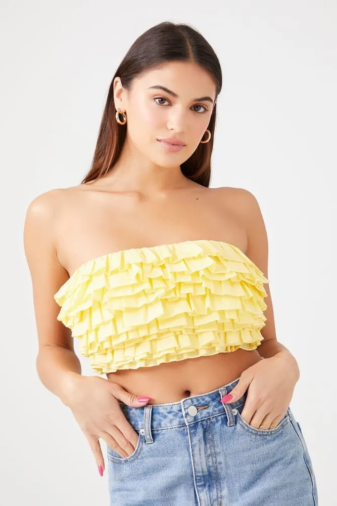 Women's Ruffle Cropped Tube Top in Yellow Large