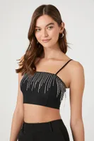 Women's Rhinestone Fringe Cropped Cami in Black, XL