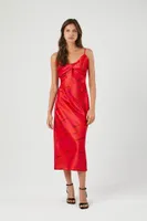 Women's Satin Abstract Print Midi Dress in Fuchsia Medium