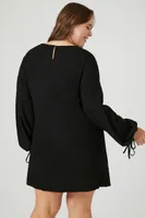 Women's Drawstring Peasant-Sleeve Mini Dress in Black, 0X