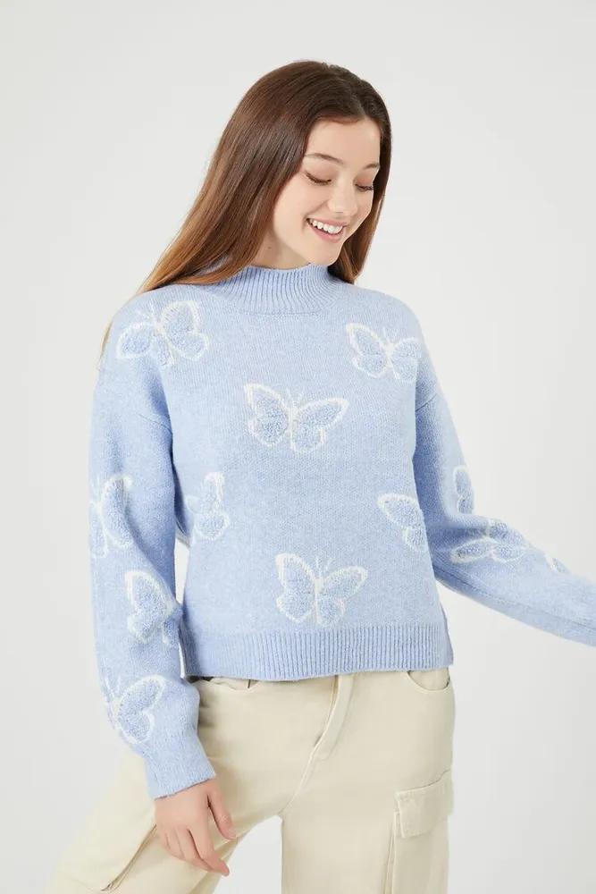 Women's Butterfly Mock Neck Sweater in Blue/White, XL