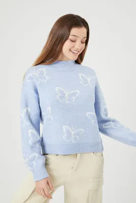 Women's Butterfly Mock Neck Sweater in Blue/White Medium