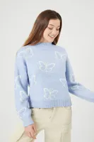 Women's Butterfly Mock Neck Sweater in Blue/White, XL