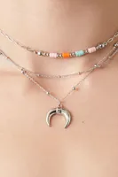 Women's Layered Beaded Crescent Necklace in Silver