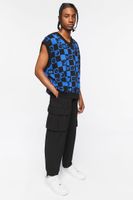 Men Checkered Yin Yang Sweater Vest in Black/Blue Medium