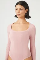 Women's Ribbed Knit Long-Sleeve Bodysuit in Pale Mauve Medium