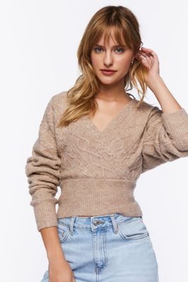 Women's Cable Knit Surplice Sweater in Taupe Large