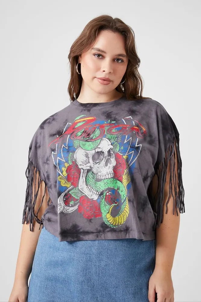 Women's Tie-Dye Poison Graphic Fringe T-Shirt in Black, 0X