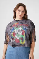 Women's Tie-Dye Poison Graphic Fringe T-Shirt in Black, 0X