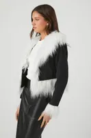 Women's Cropped Faux Fur Denim Jacket in Black/White Small