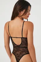 Women's Velvet Lace-Trim Lingerie Bodysuit in Winter Wheat/Black Small