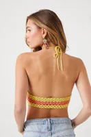 Women's Crochet Colorblock Halter Crop Top in Orange/Yellow Medium