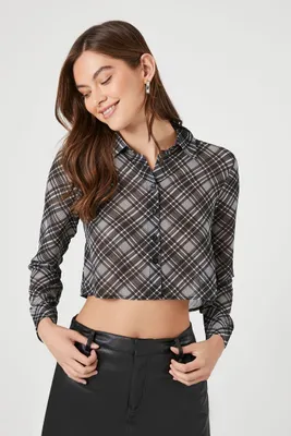 Women's Chiffon Plaid Cropped Shirt in Black, XS