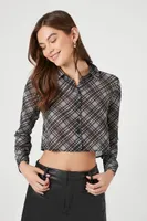 Women's Chiffon Plaid Cropped Shirt Black