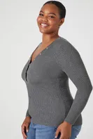 Women's Ribbed Knit Henley Top in Heather Grey, 3X