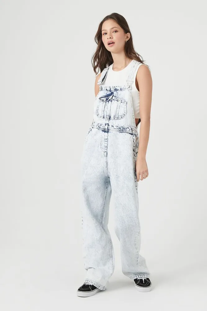 Women's Acid Wash Denim Overalls in Light Denim Small