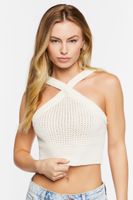 Women's Sweater-Knit Halter Crop Top in Cream Large