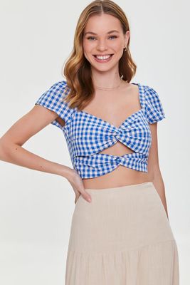 Women's Gingham Cutout Crop Top in Blue/White Large