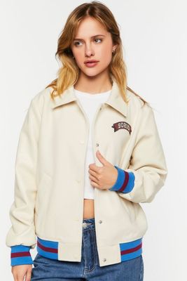 Women's Faux Leather Varsity-Striped Tennis Jacket Ivory