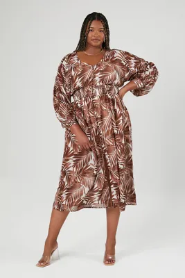 Women's Leaf Print Button-Front Dress in Brown, 3X