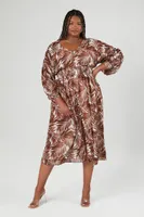 Women's Leaf Print Button-Front Dress in Brown, 1X