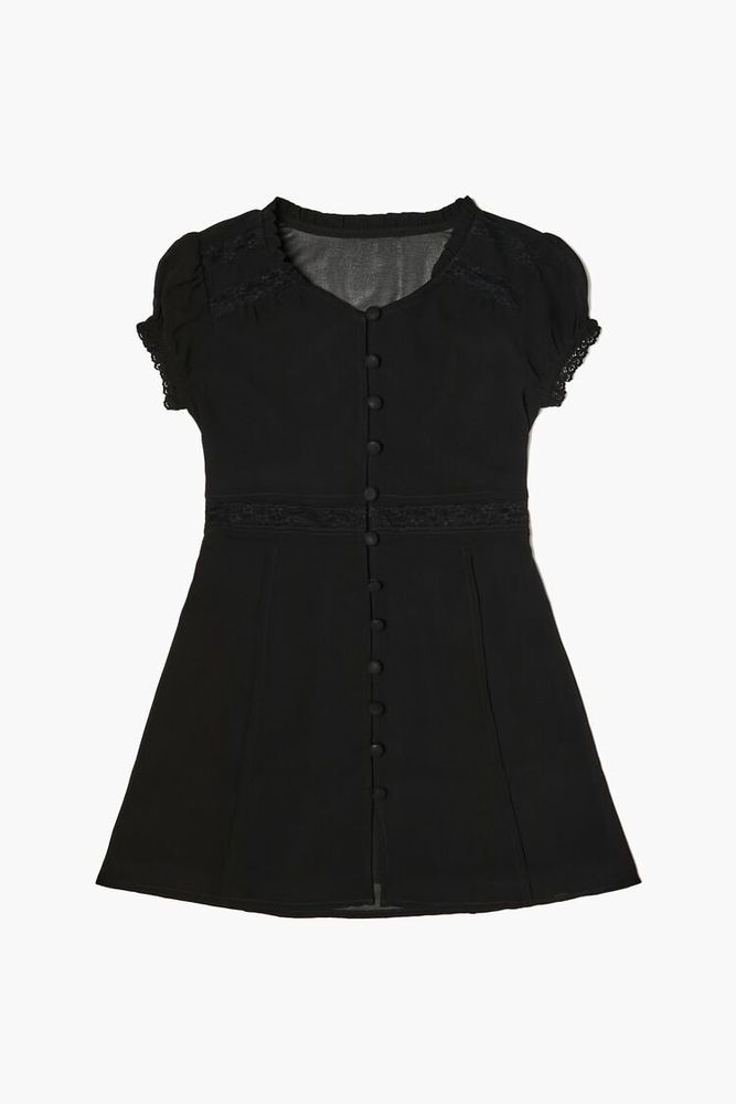 Girls Button-Front Dress (Kids) in Black, 13/14