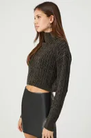 Women's Cable Knit Turtleneck Cropped Sweater in Black Large